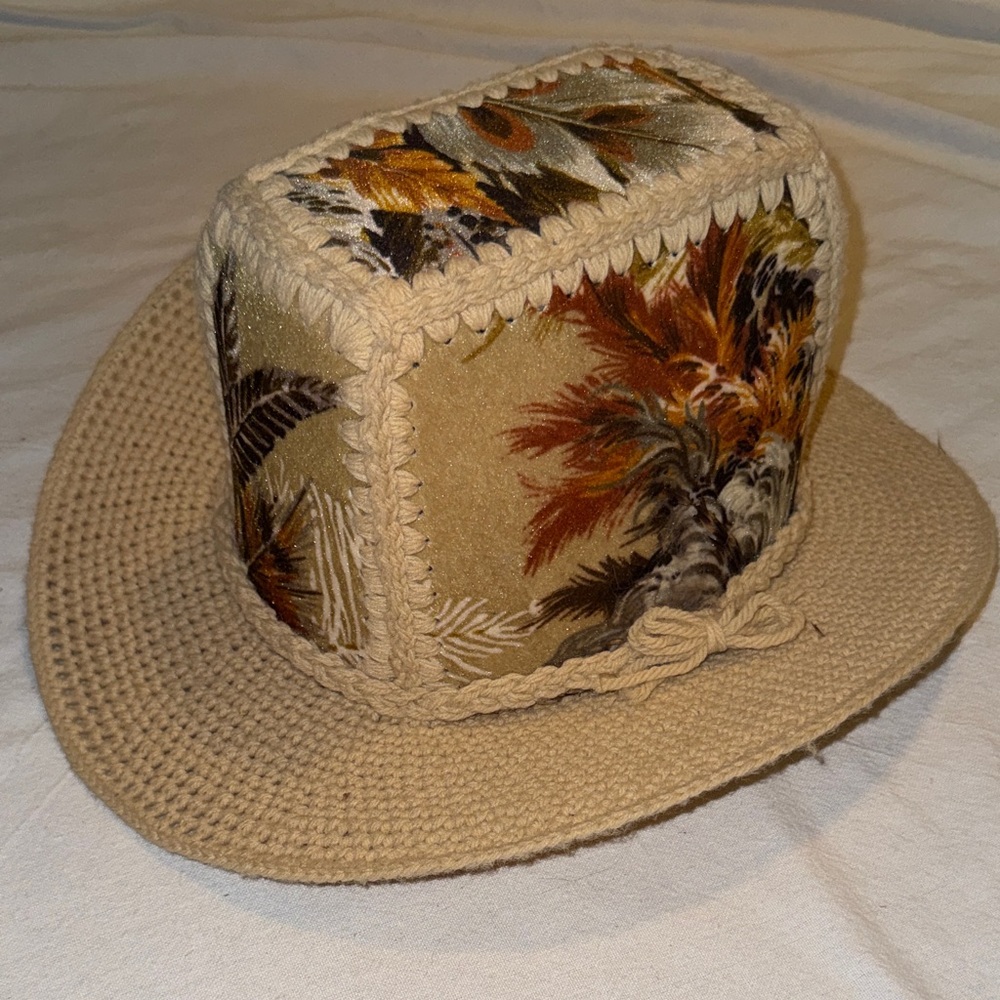 Vintage Handmade Western Cowgirl hat with decorative fabric and feather